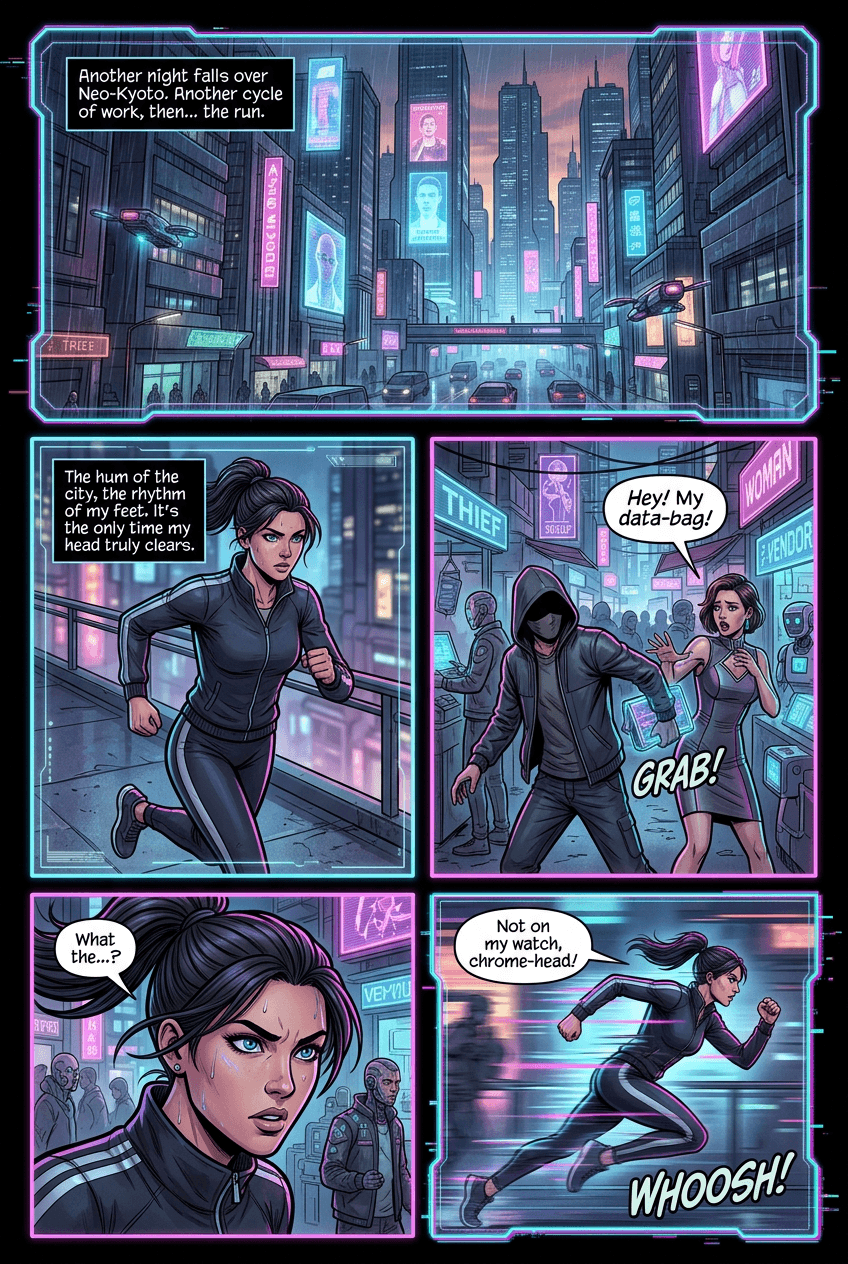 Night Runner, page 1 of 5, Cyberpunk style