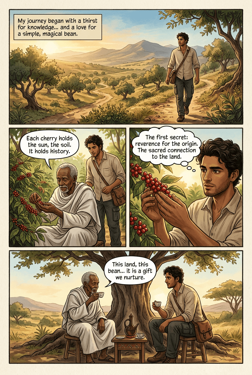 The Secret Origin of Our Espresso, page 1 of 5, Graphic Novel style