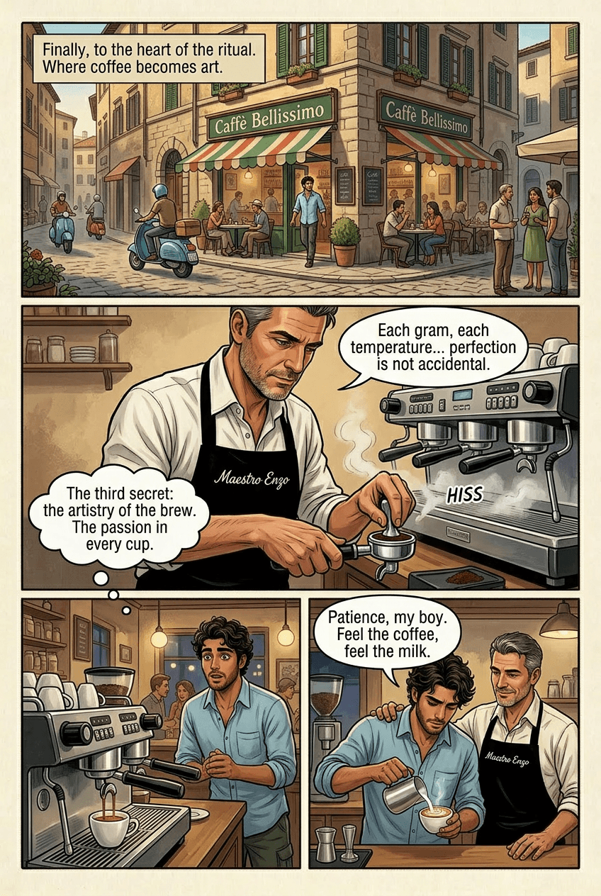 The Secret Origin of Our Espresso, page 3 of 5, Graphic Novel style