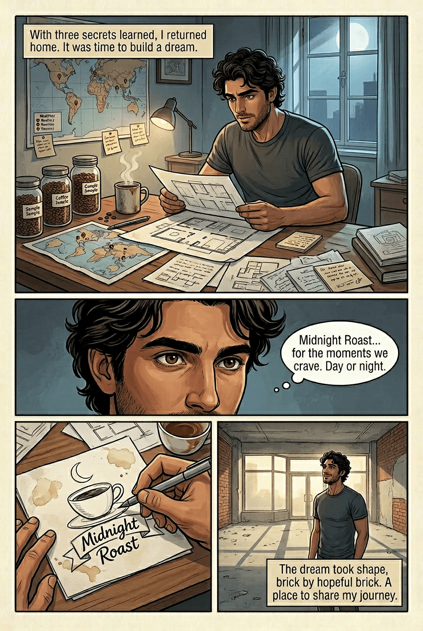 The Secret Origin of Our Espresso, page 4 of 5, Graphic Novel style