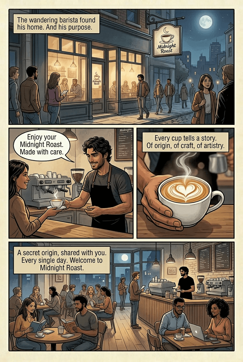 The Secret Origin of Our Espresso, page 5 of 5, Graphic Novel style