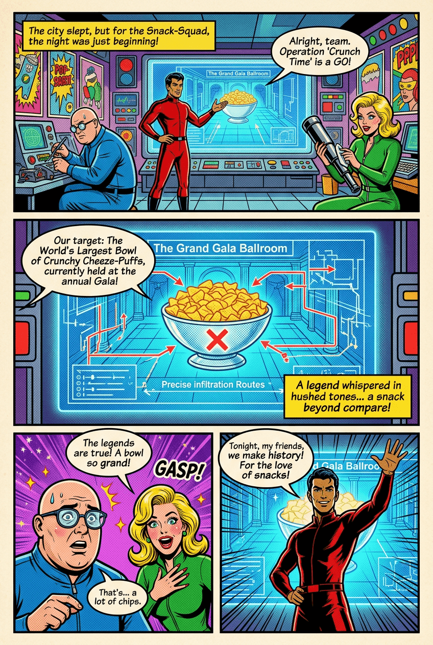 The Great Snack Heist, page 1 of 5, Retro Pop style
