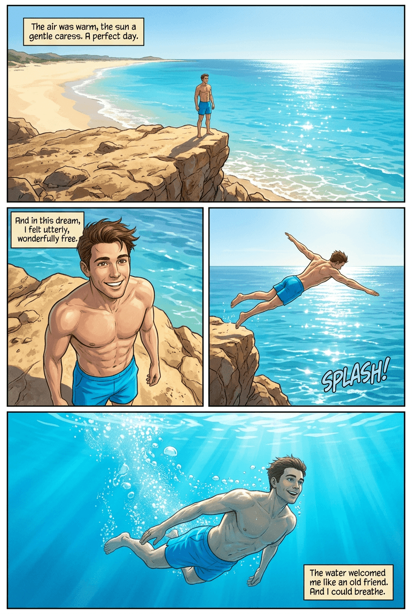 Under the Waves, page 1 of 5, Graphic Novel style