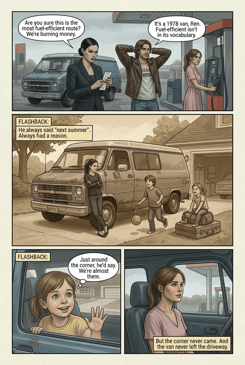 The Long Way to the Lake, page 3 of 10, Graphic Novel style