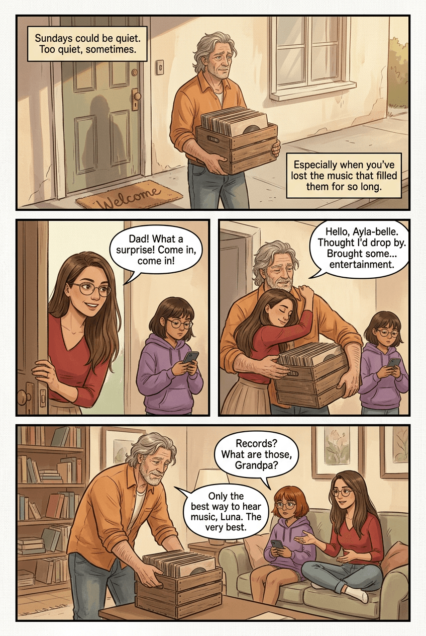 Grandpa Brought the Records, page 1 of 5, Watercolor style