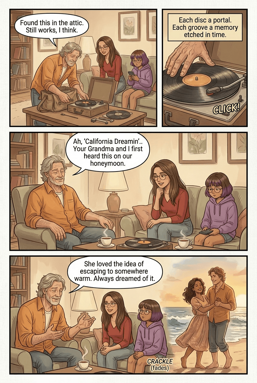 Grandpa Brought the Records, page 2 of 5, Watercolor style