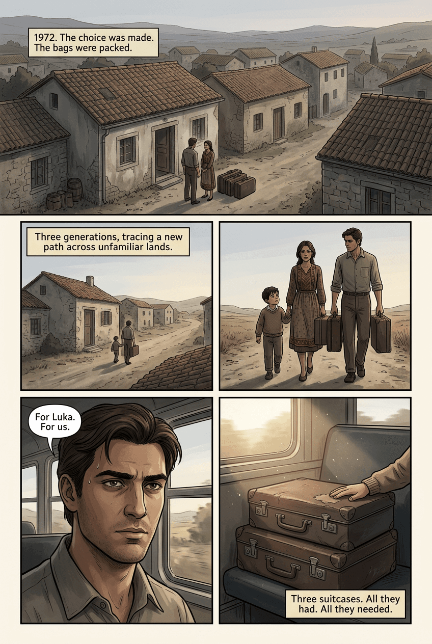 Three Suitcases, page 1 of 5, Graphic Novel style