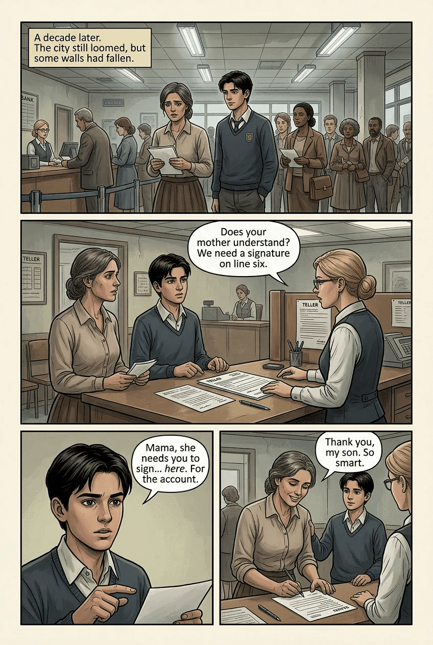 Three Suitcases, page 3 of 5, Graphic Novel style