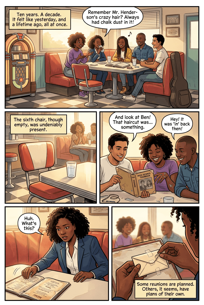 Table for Six, One Missing, page 1 of 5, Slice of Life style