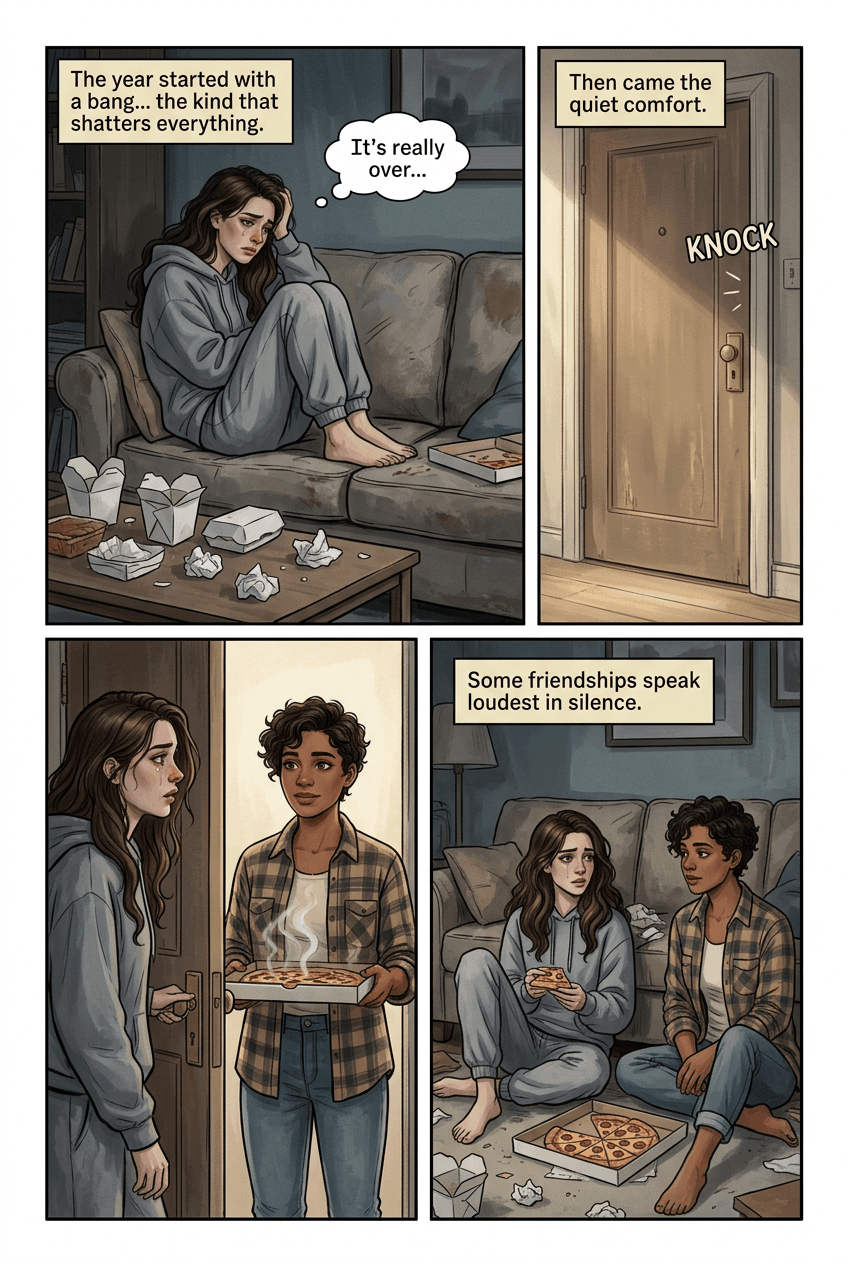 Thank You for Staying, page 1 of 5, Graphic Novel style