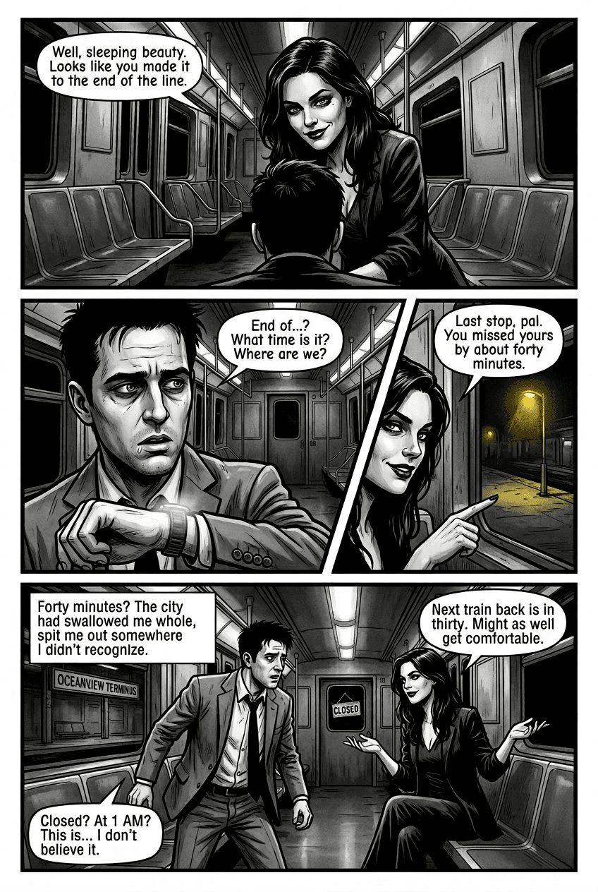 Wrong Train, Right Person, page 2 of 5, Noir style