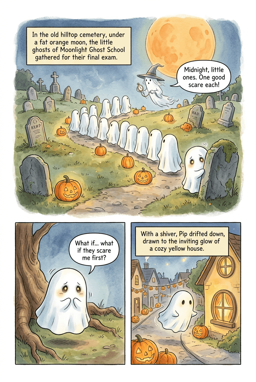 The Littlest Ghost, page 1 of 5, Storybook style