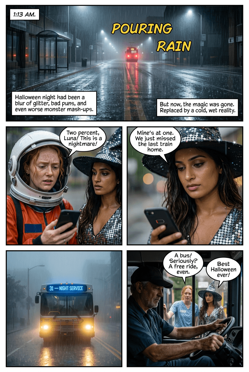 Night Bus 31, page 1 of 5, Realistic style