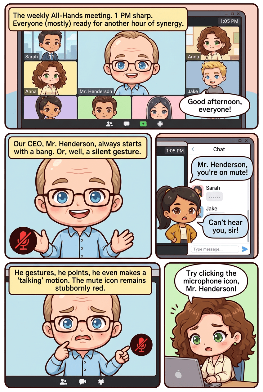 Everyone On Mute, page 1 of 5, Chibi style