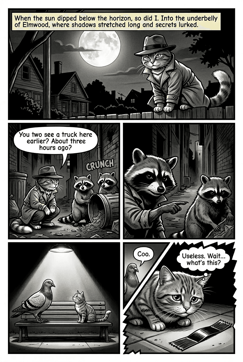 Detective Whiskers, page 2 of 5, Noir style