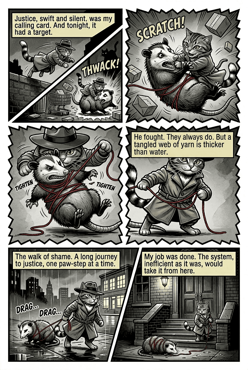 Detective Whiskers, page 4 of 5, Noir style