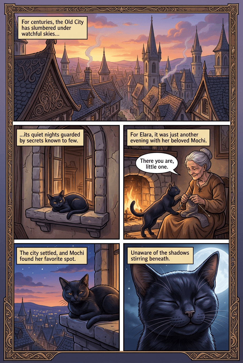 Dragon Cat of the Old City, page 1 of 5, Fantasy Epic style