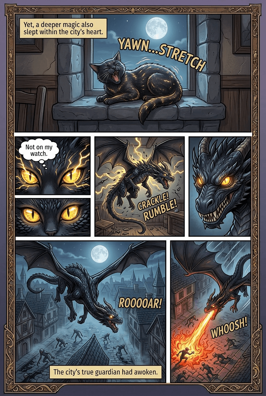 Dragon Cat of the Old City, page 3 of 5, Fantasy Epic style