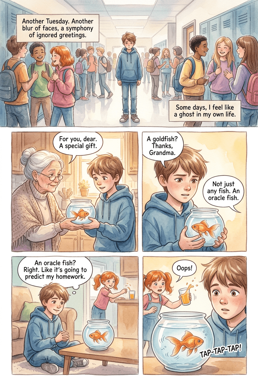 The Oracle in the Fishbowl, page 1 of 5, Watercolor style