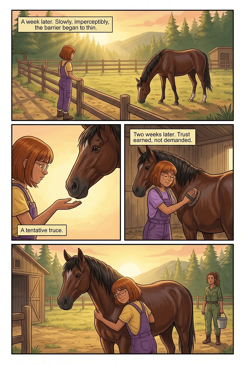 The Horse Who Wouldn't Let Anyone Ride, page 3 of 5, Watercolor style