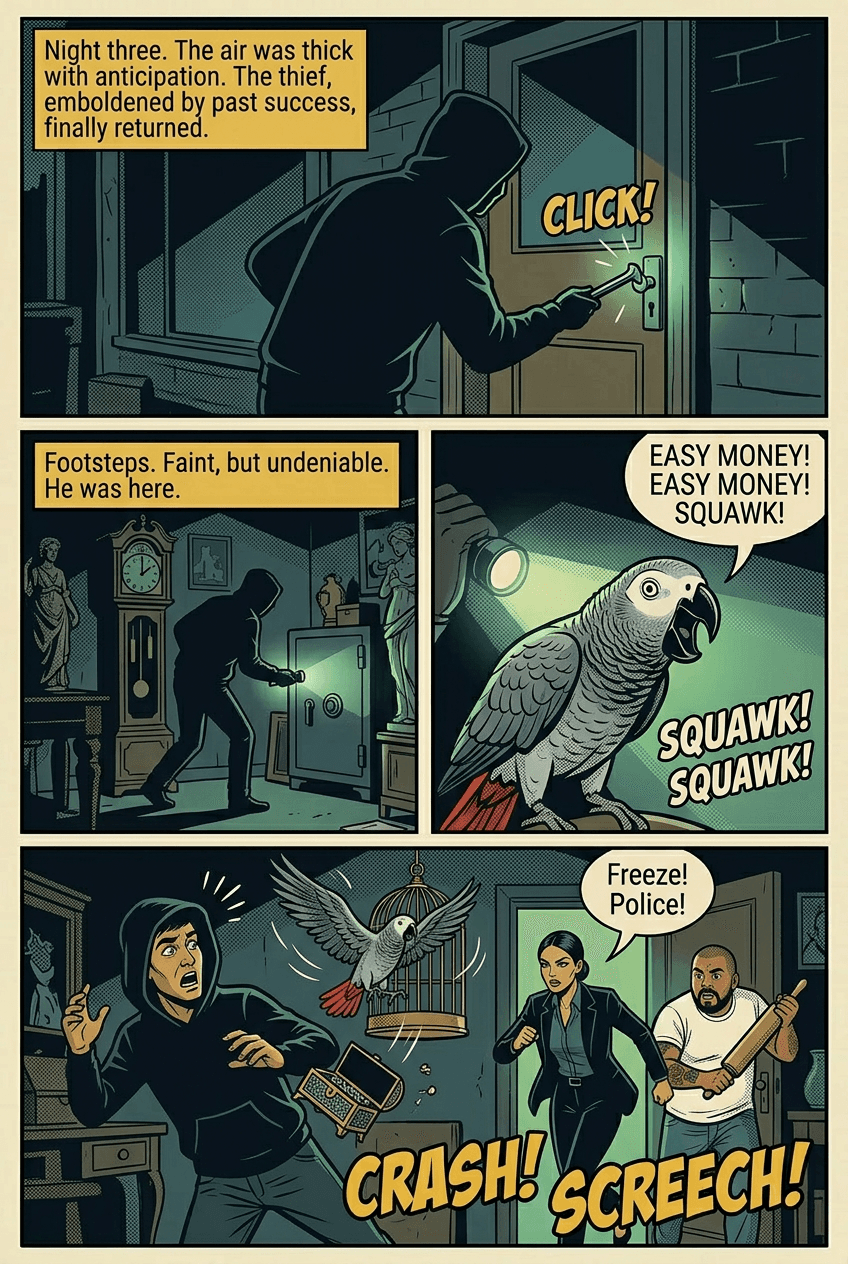 The Witness Was a Parrot, page 4 of 5, Retro Pop style
