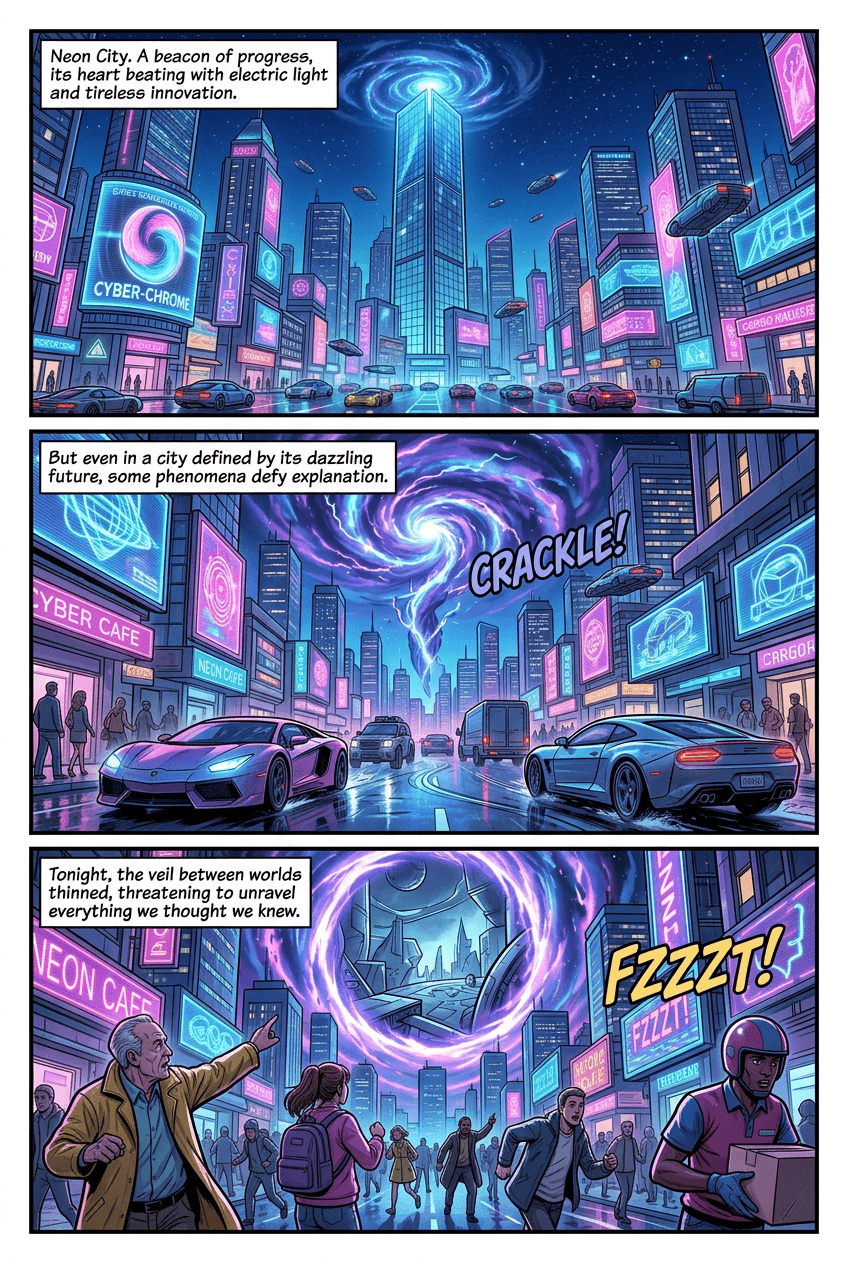 The Defenders of Neon City, page 1 of 5, Superhero style