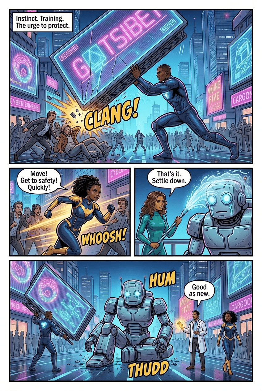 The Defenders of Neon City, page 4 of 5, Superhero style