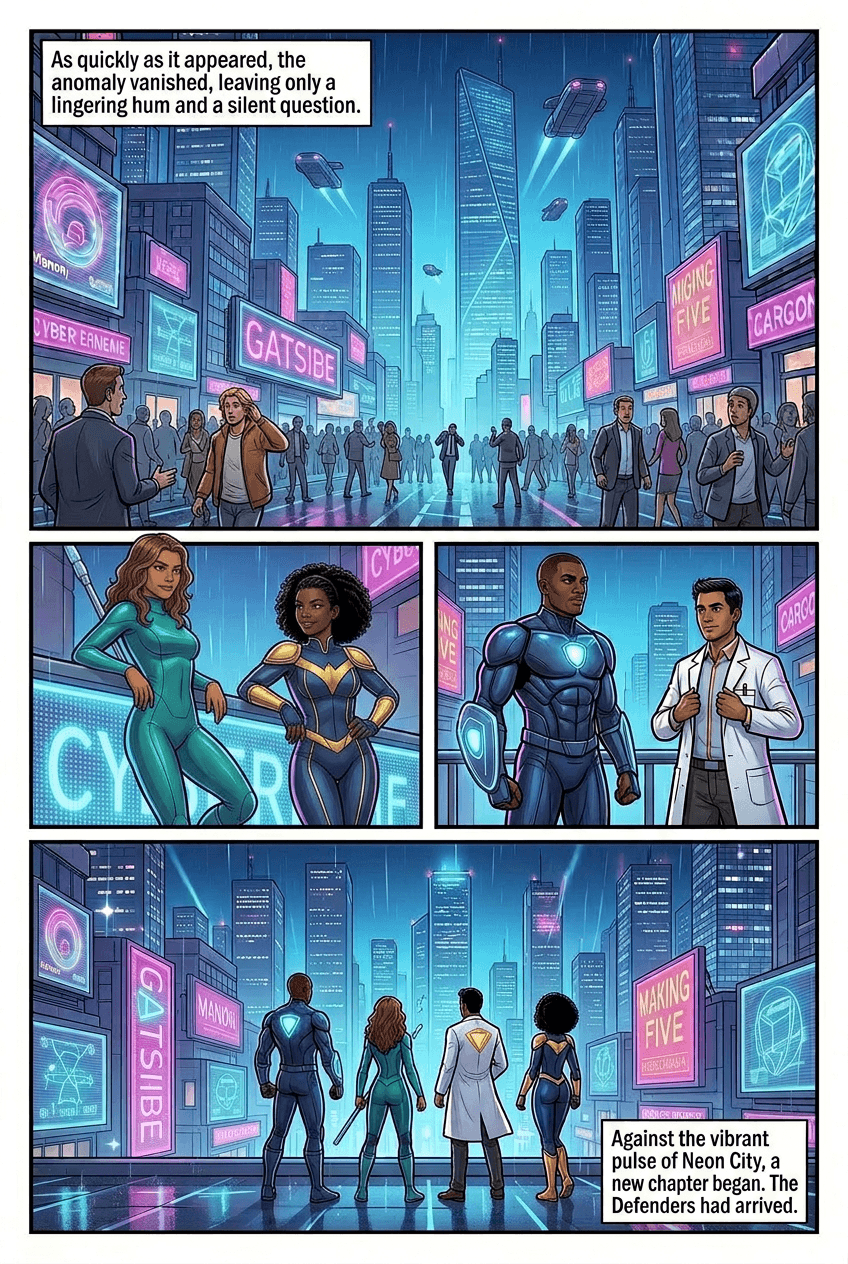The Defenders of Neon City, page 5 of 5, Superhero style