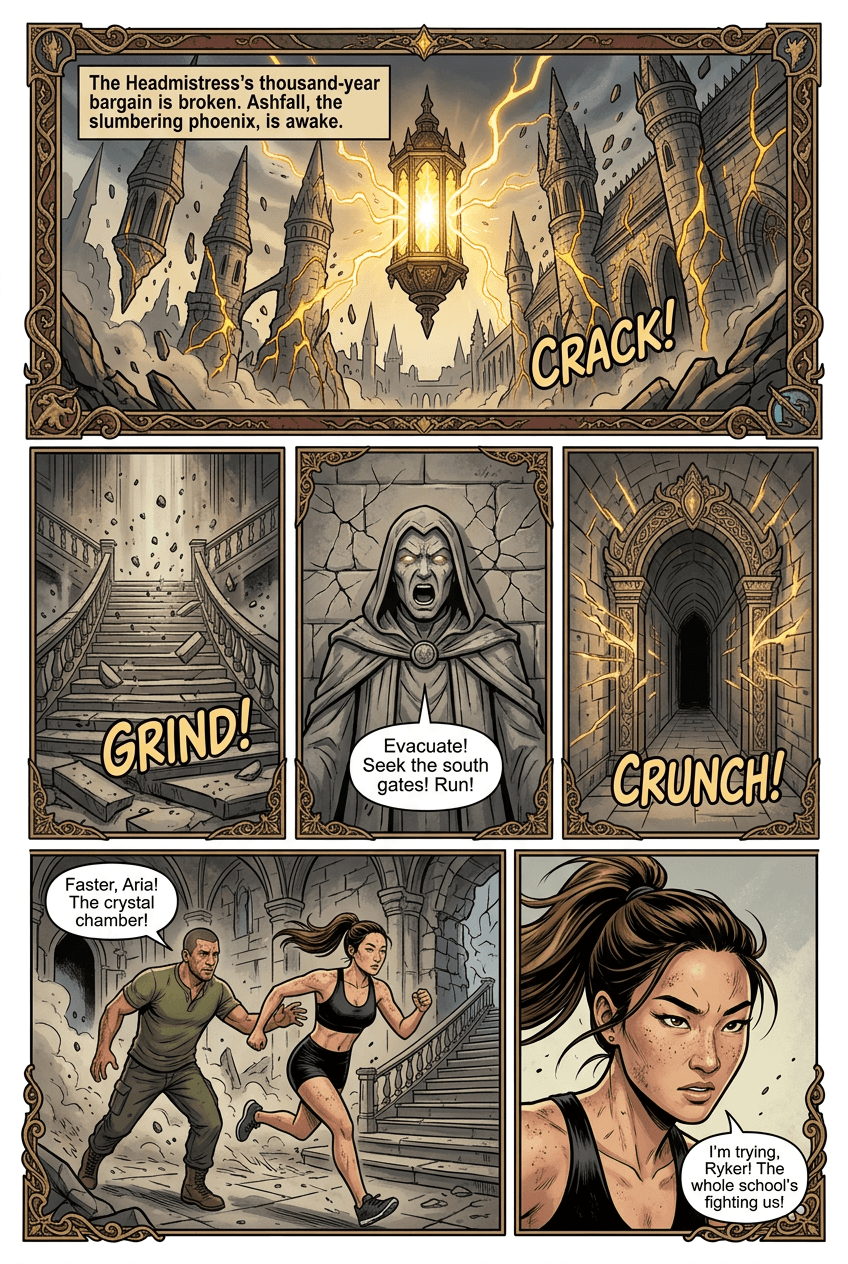 The School Wakes, page 1 of 8, Fantasy Epic style