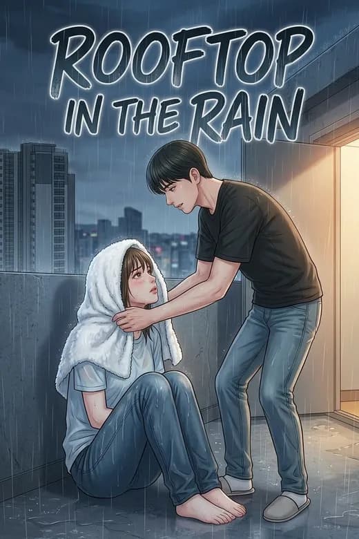 A romantic comic cover of a couple on a rooftop