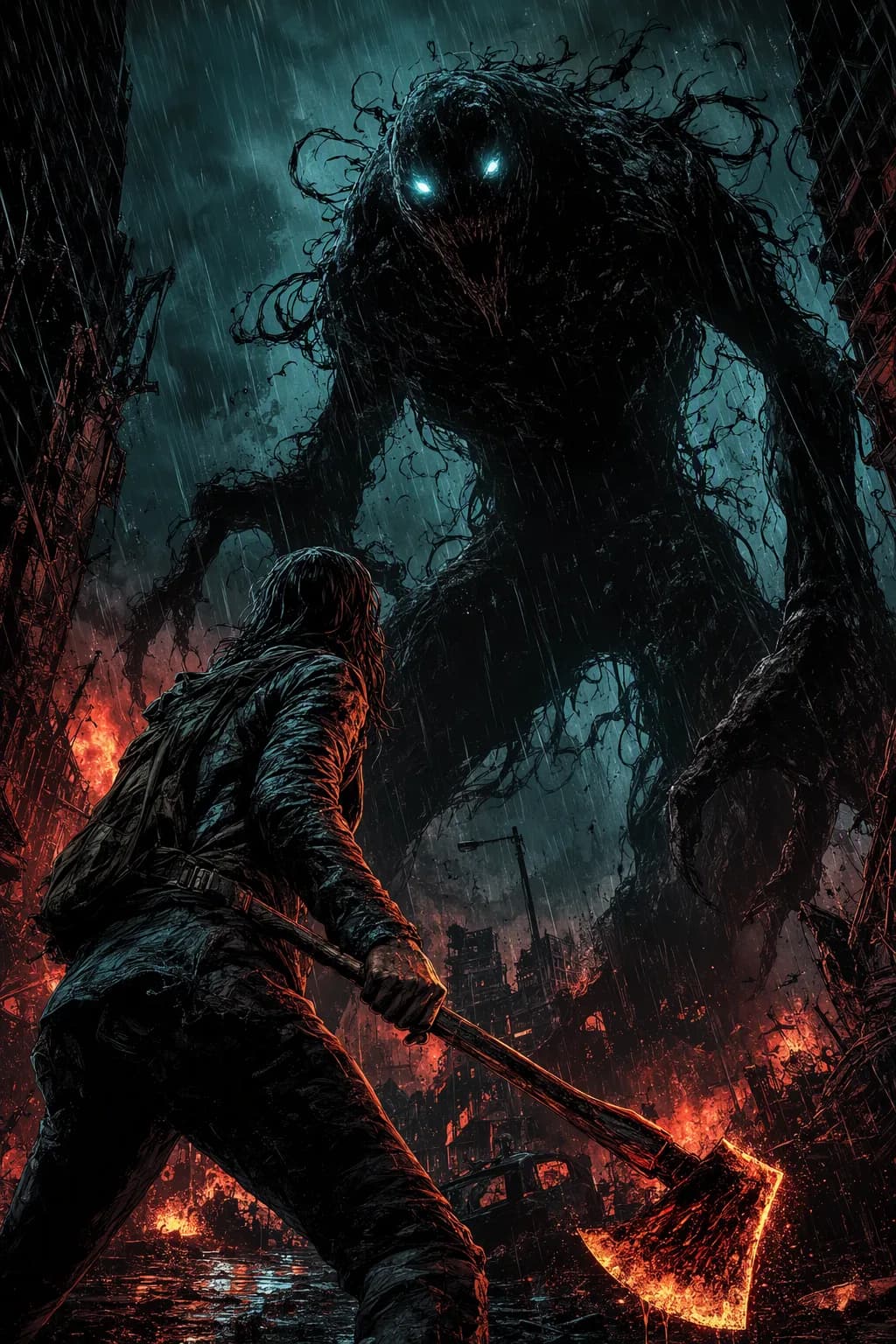 A gritty horror action illustration of a survivor