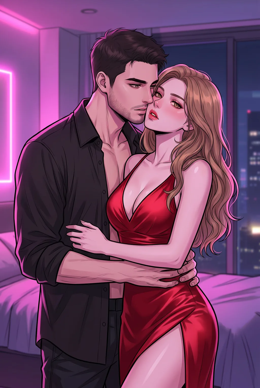 A moody romance webtoon-style illustration of a couple