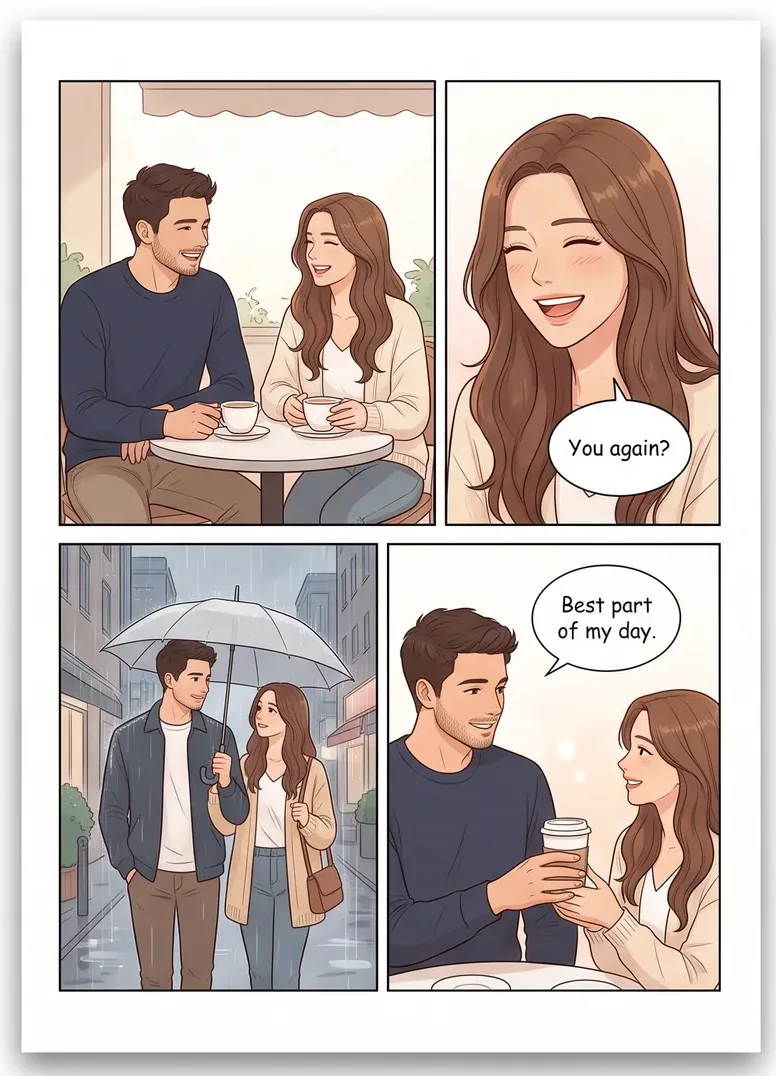 A four-panel comic page with the same couple drawn identically in every panel