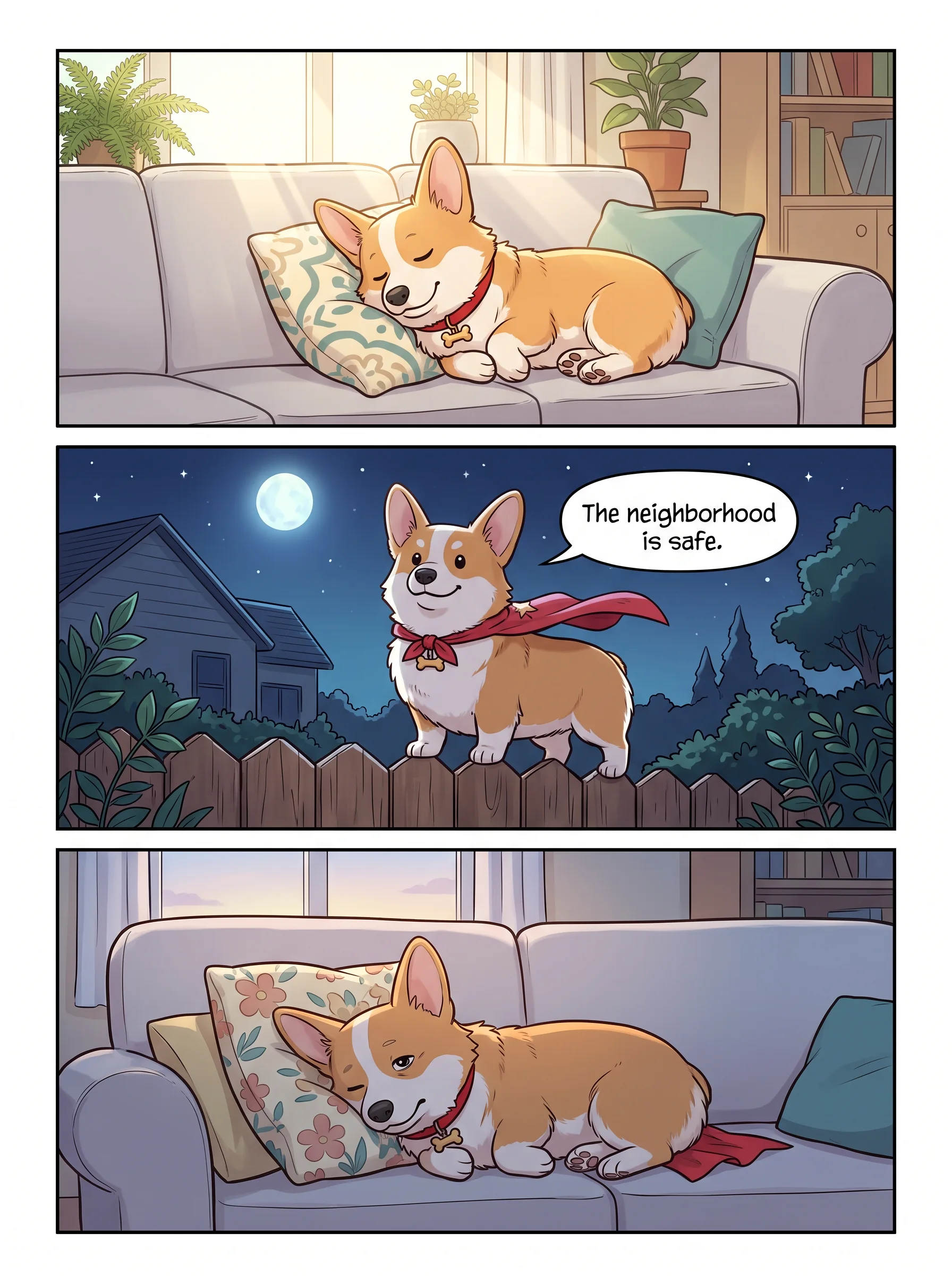 A comic page of a corgi living a secret hero life
