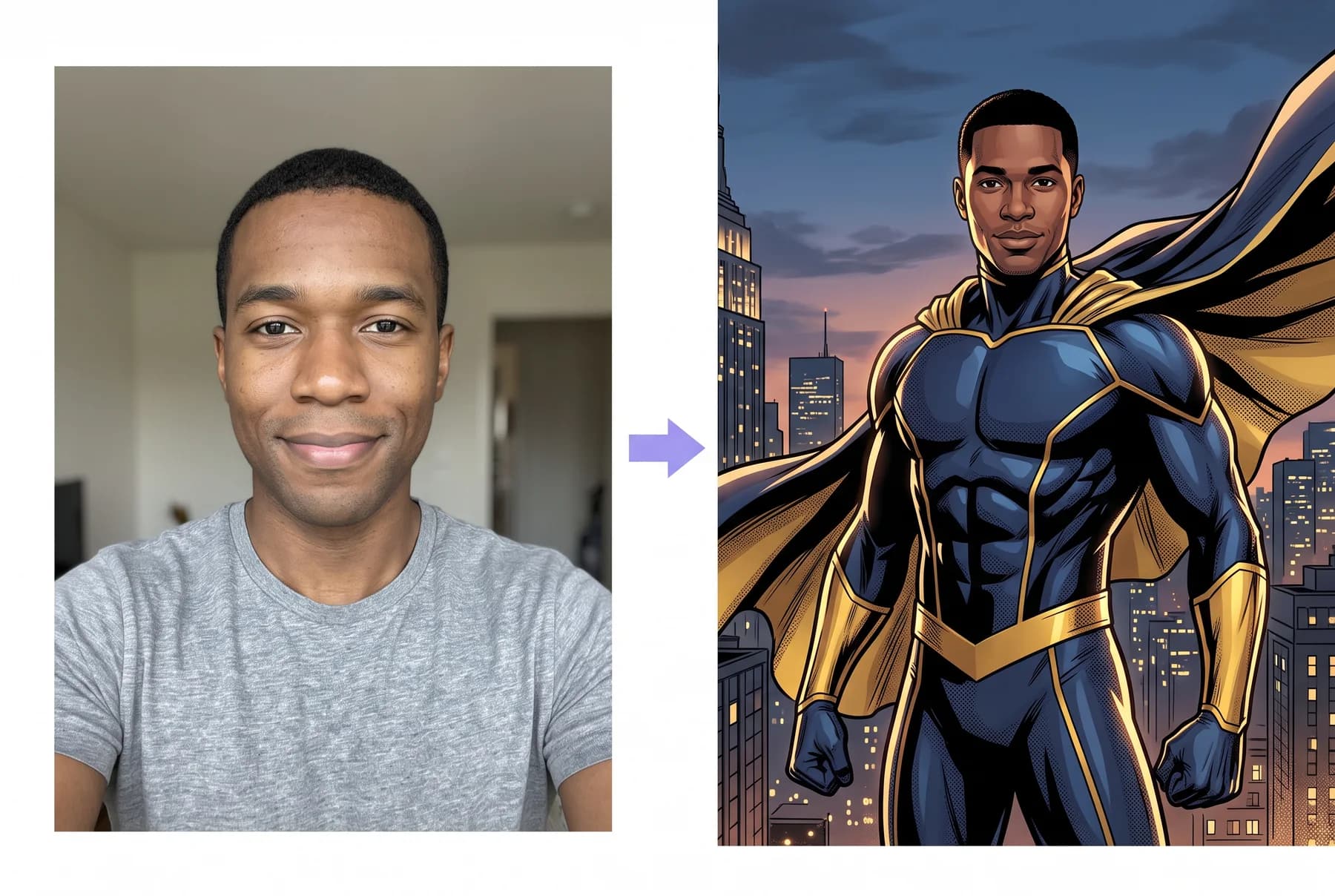 A man's photo next to the superhero comic version of him
