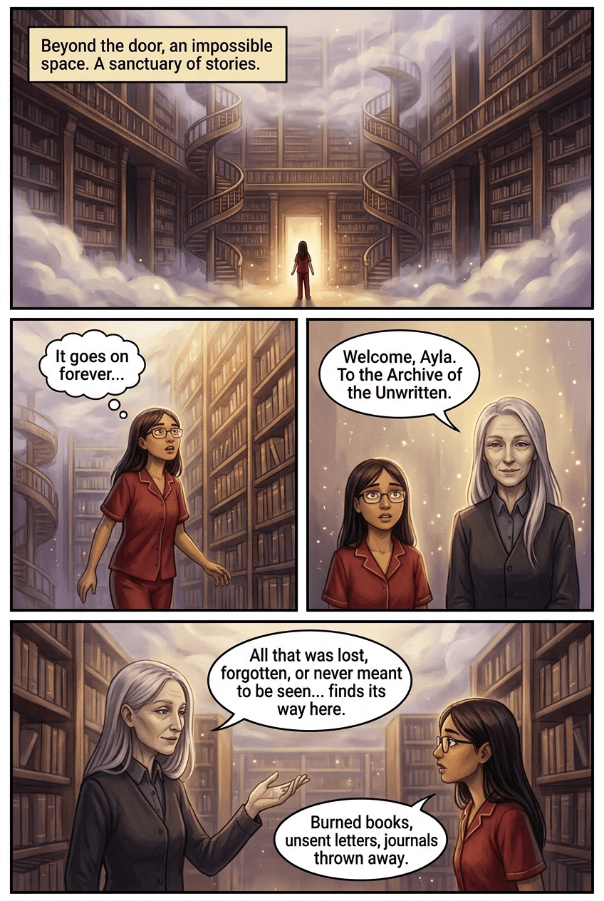The Library at the End of the Hallway, page 2 of 5, Watercolor style