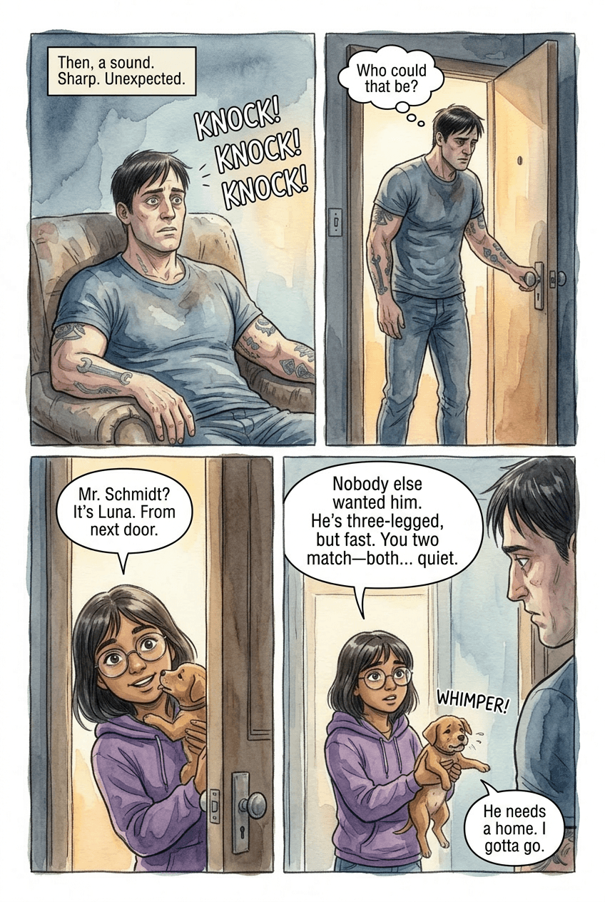 Three Legs and a Door, page 2 of 5, Watercolor style