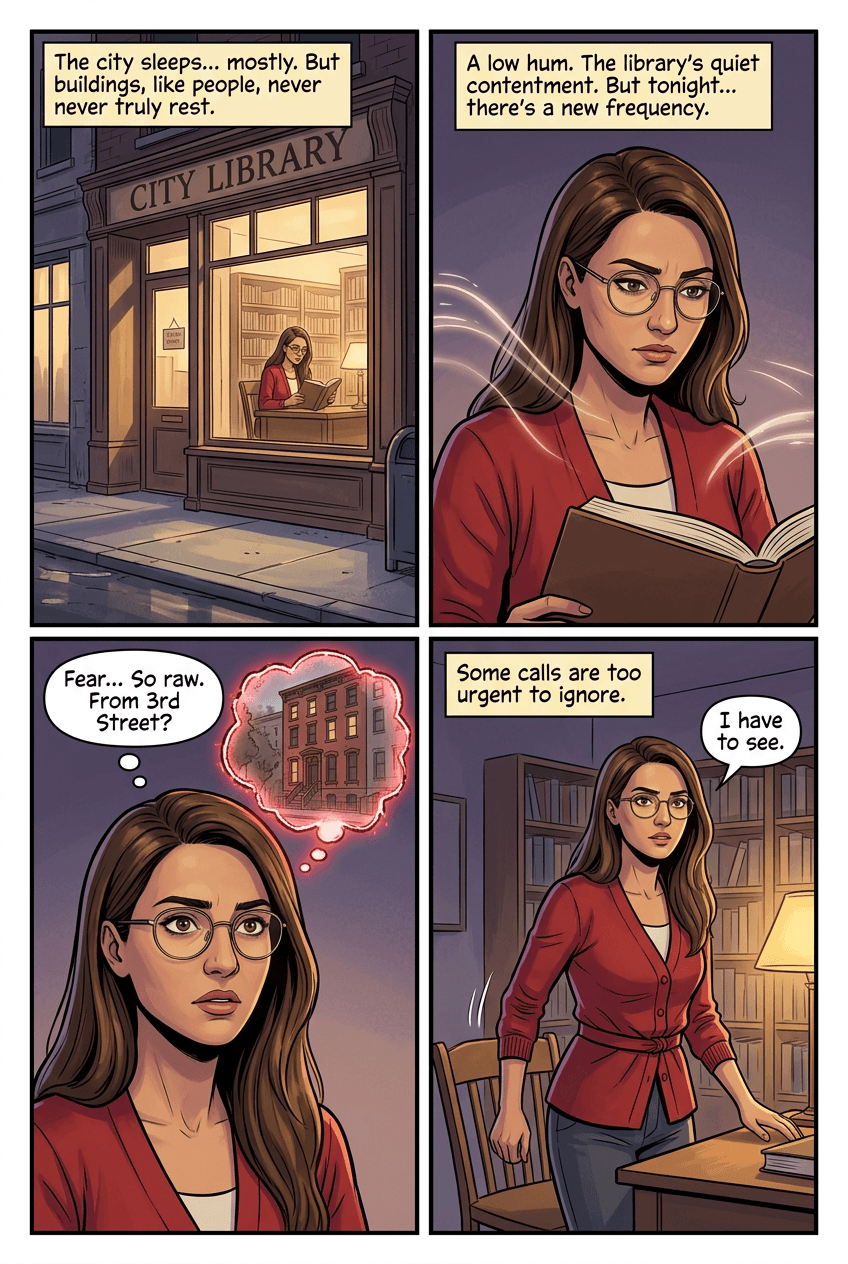 The Librarian Who Listened to Buildings, page 1 of 5, Graphic Novel style
