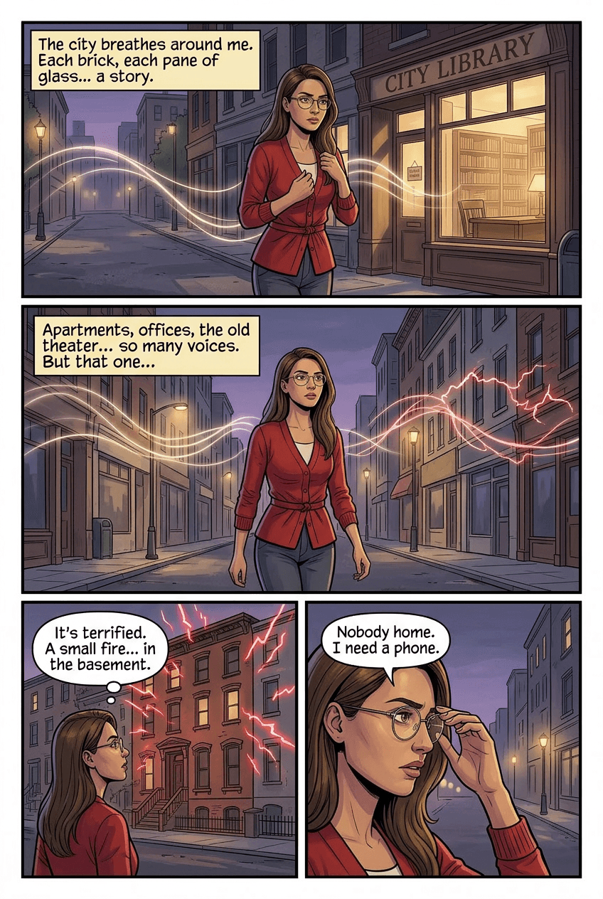 The Librarian Who Listened to Buildings, page 2 of 5, Graphic Novel style