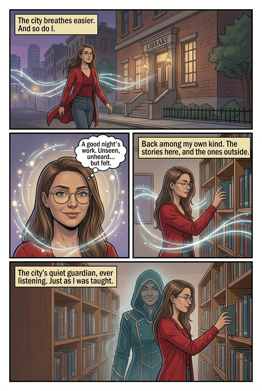 The Librarian Who Listened to Buildings, page 5 of 5, Graphic Novel style